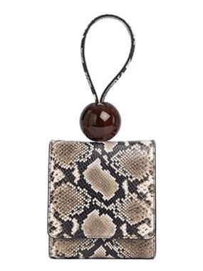 By Far Ball Bag - Snakeskin Print Wristlet Bag with Brown Acrylic Ball